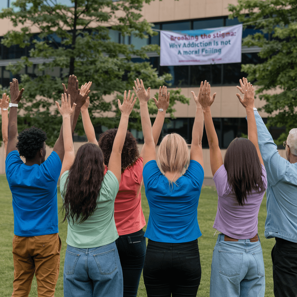 people with raised hands and banner in the background that says breaking the stigma