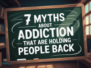 chalk board with 7 myths of addiction that are holding people back written on it