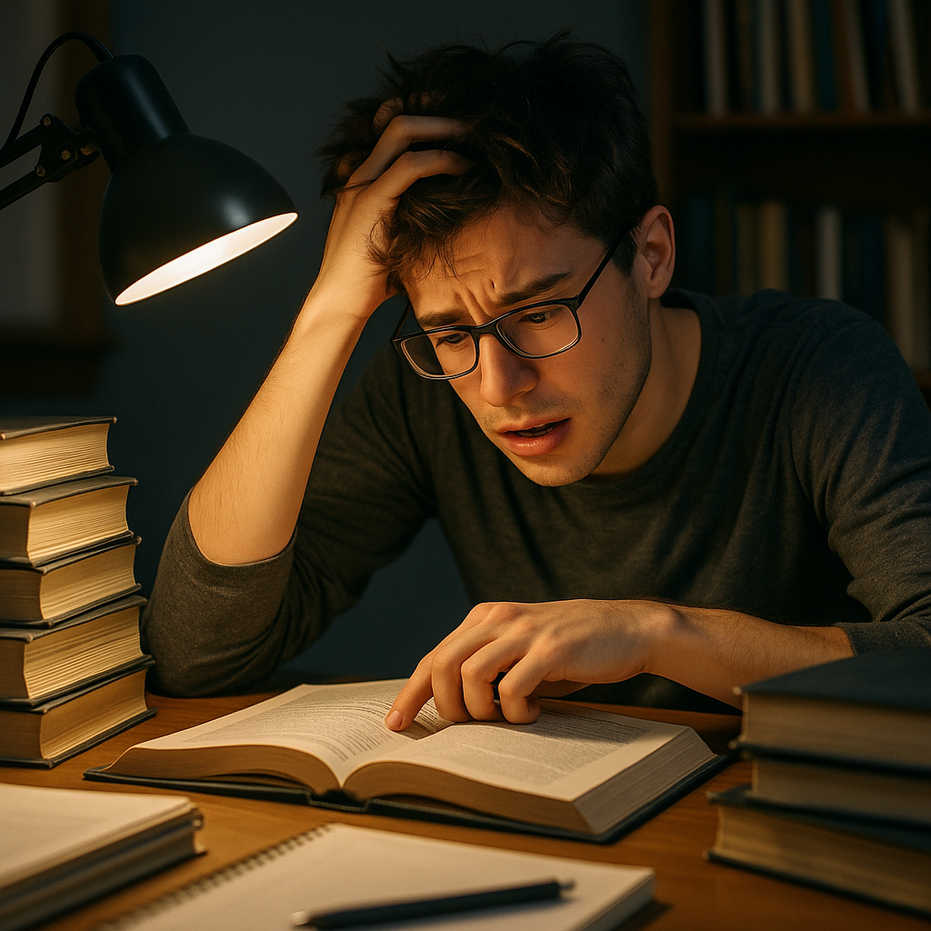 college aged kid stressed staying up late studying