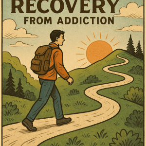 Illustration of a man on a hike with the words recovery from addiction overhead