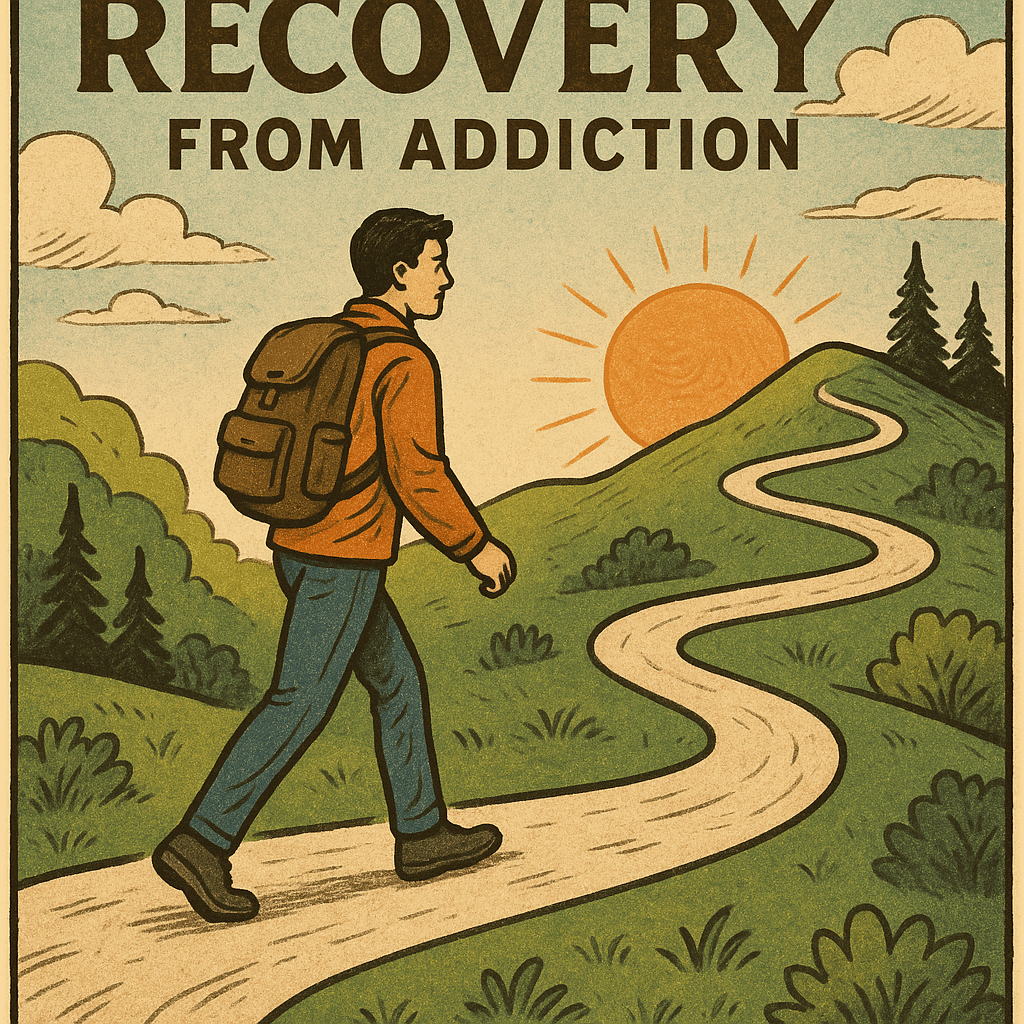 Illustration of a man on a hike with the words recovery from addiction overhead