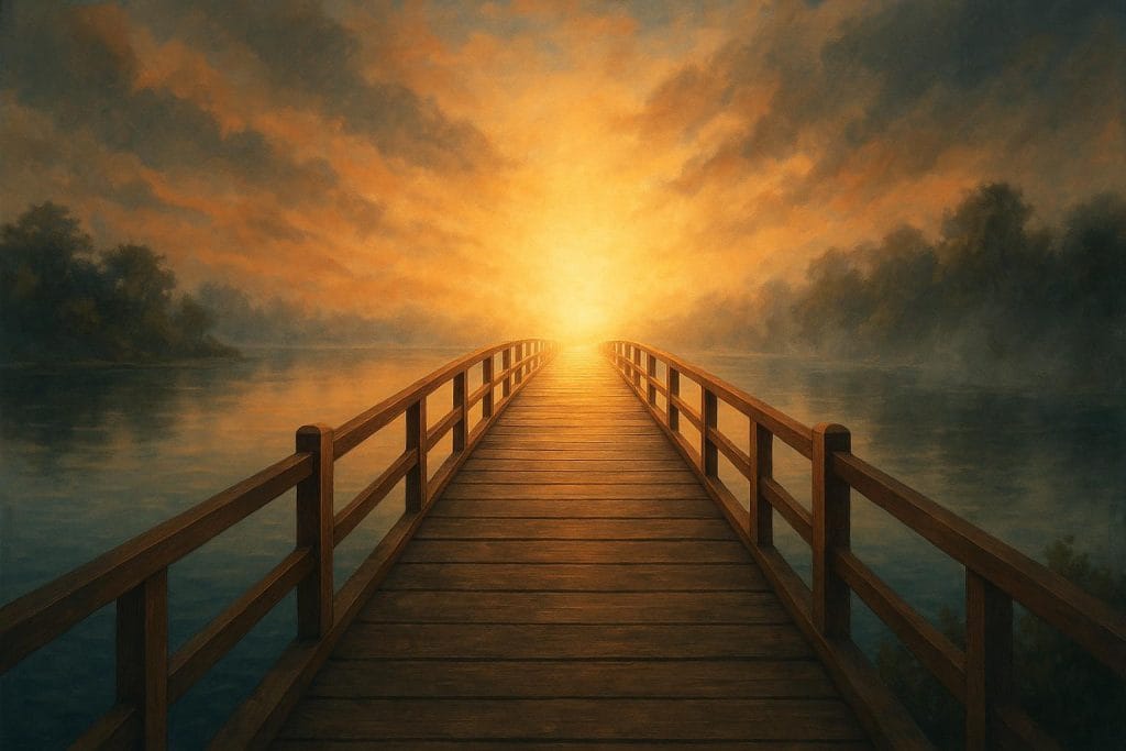 illustration of a bridge over water with a sunset