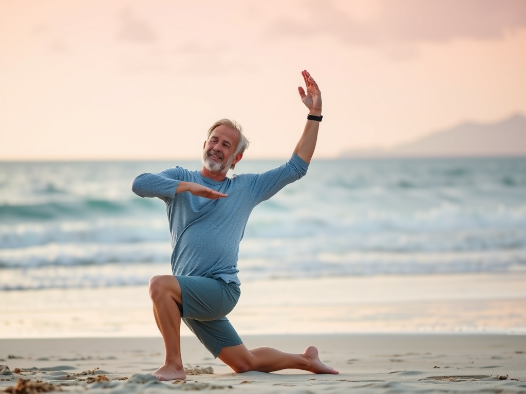 a man in his 50s doing yoga alone on the beach in malibu
