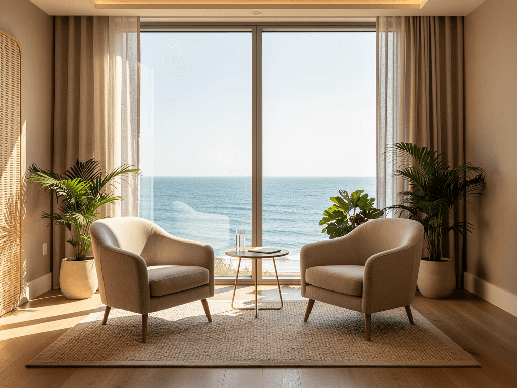 Serene therapy room at luxury coastal treatment center with ocean views