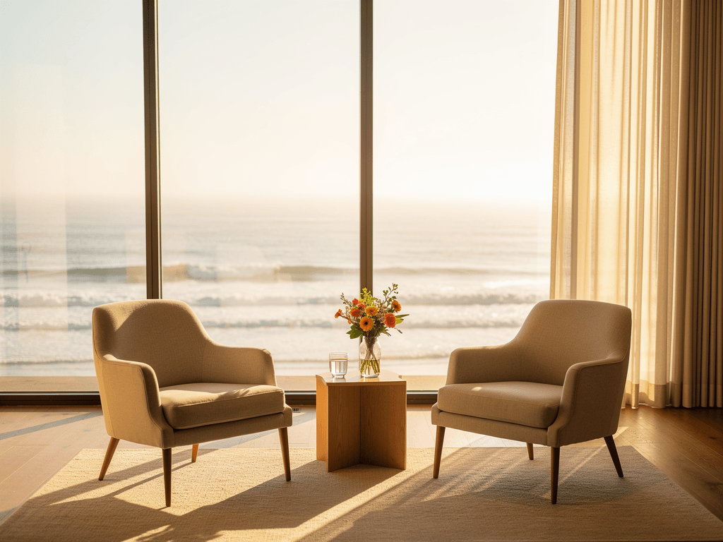 Private therapy setting in Malibu with ocean backdrop