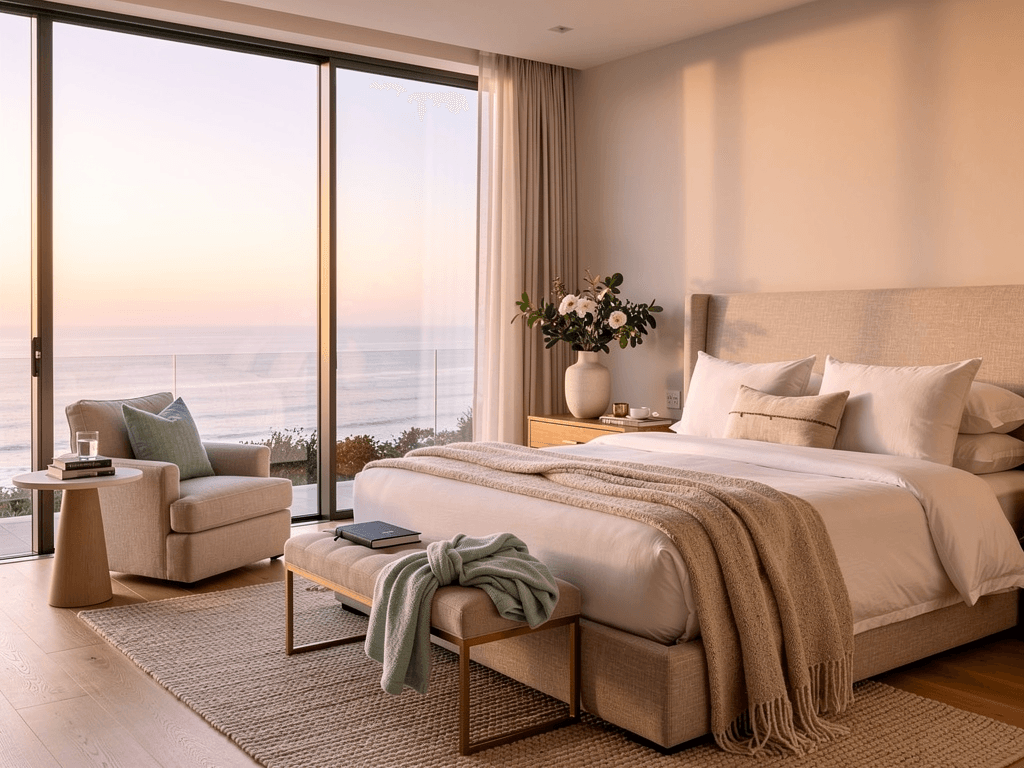Calm luxury residential room in Malibu with ocean sunrise light, supporting rest and recovery