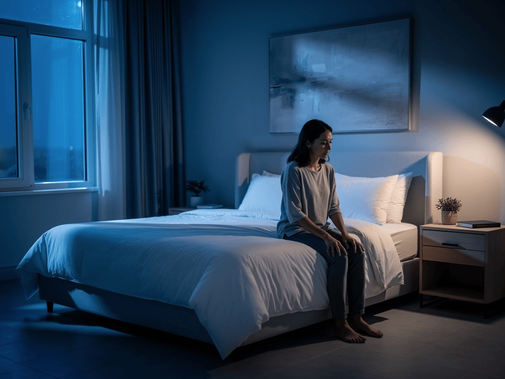 Person awake at night in an upscale room, representing insomnia during recovery