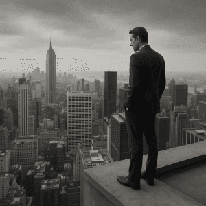 An executive in a tailored suit standing at the edge of a high-rise building rooftop, looking contemplatively at the bustling city below. The scene captures a sense of isolation and the weight of decision-making that high-level professionals face regarding rehab.