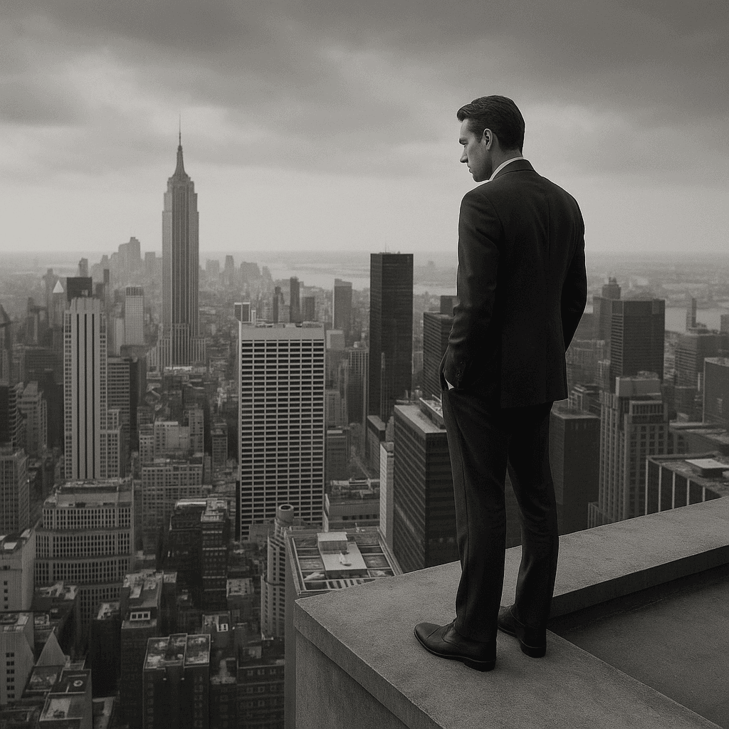 An executive in a tailored suit standing at the edge of a high-rise building rooftop, looking contemplatively at the bustling city below. The scene captures a sense of isolation and the weight of decision-making that high-level professionals face regarding rehab.