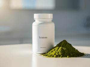 Kratom supplement bottle with powder, representing addiction risk