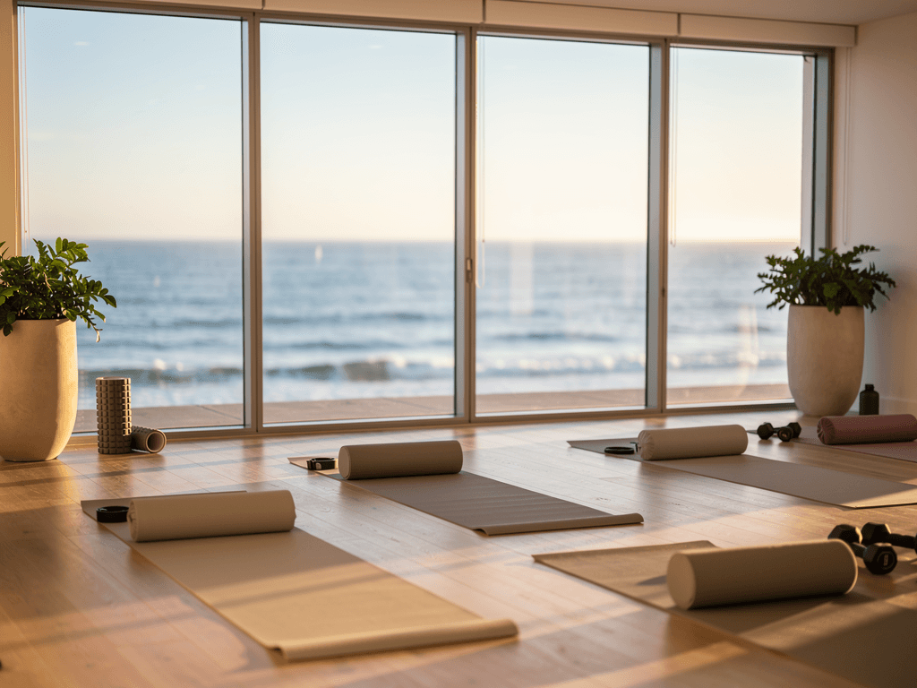 Fitness space with yoga mats and ocean views in luxury rehab