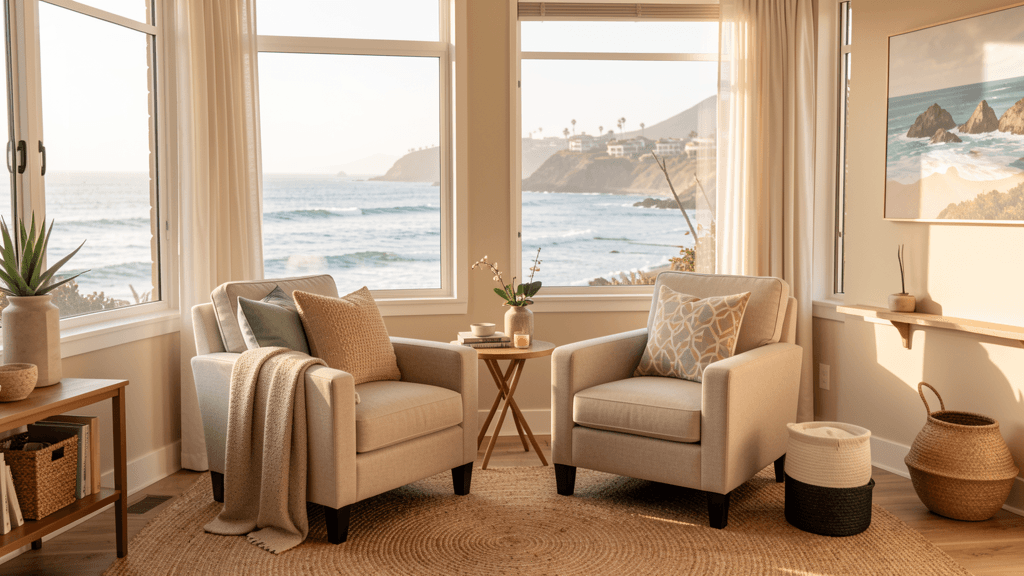 Comfortable therapy room with warm natural light, setting for trauma-informed care