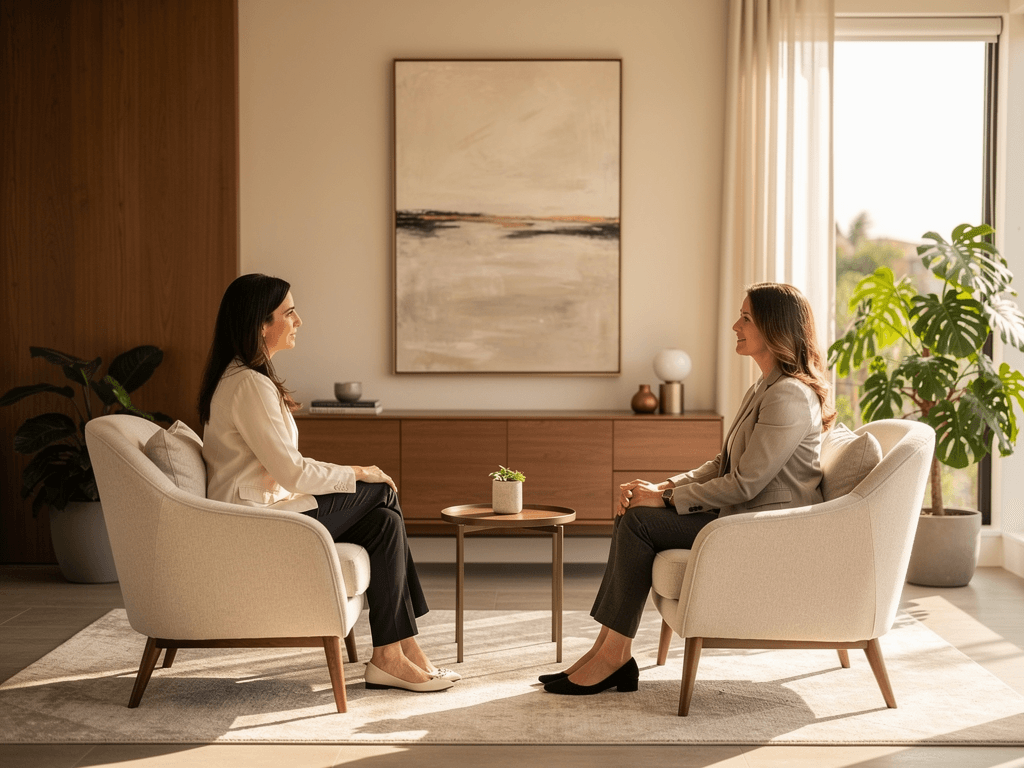 Private psychotherapy session in a luxury treatment setting