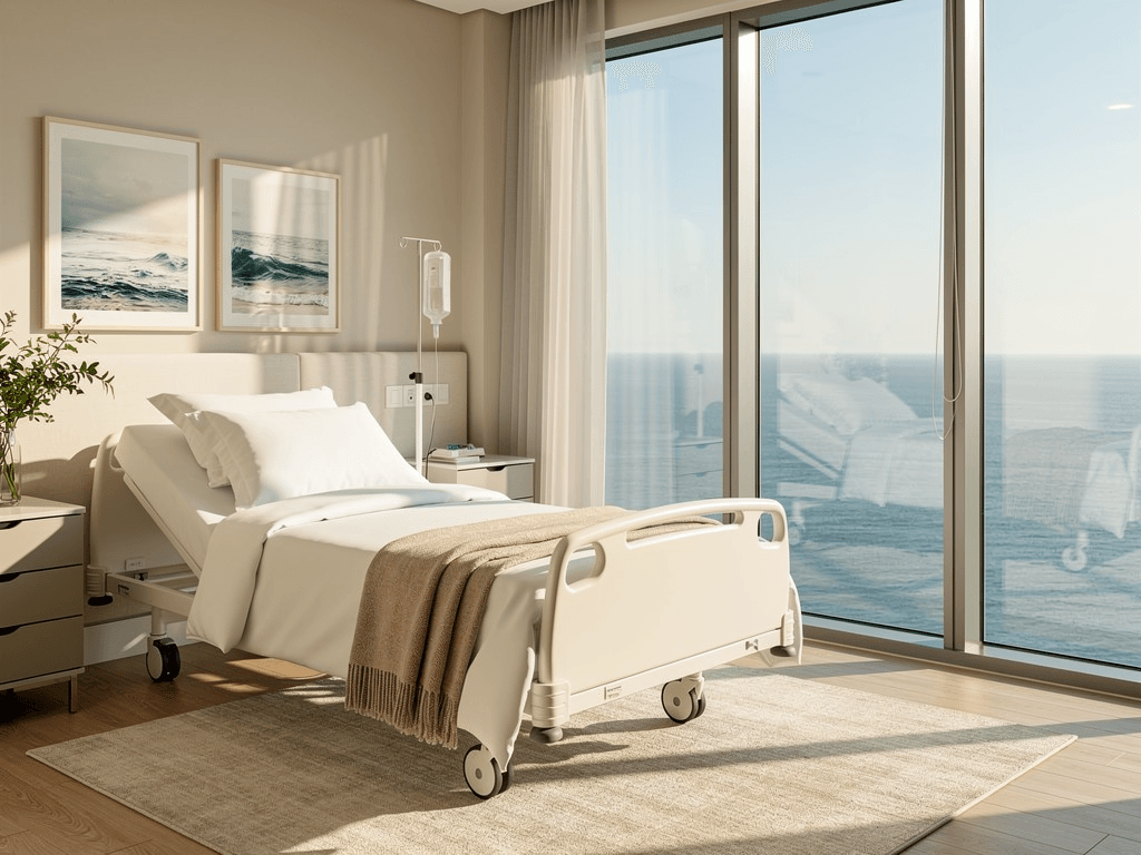Alcohol withdrawal recovery room at a luxury treatment center overlooking the ocean