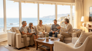 Family therapy session in a bright Malibu coastal treatment center