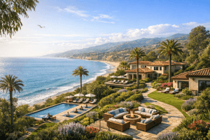 Rehabilitation center in Malibu with ocean view and greenery.