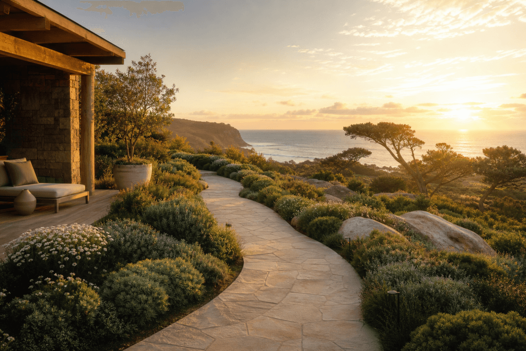 Serene coastal landscape with a winding path through gardens to ocean at golden hour.