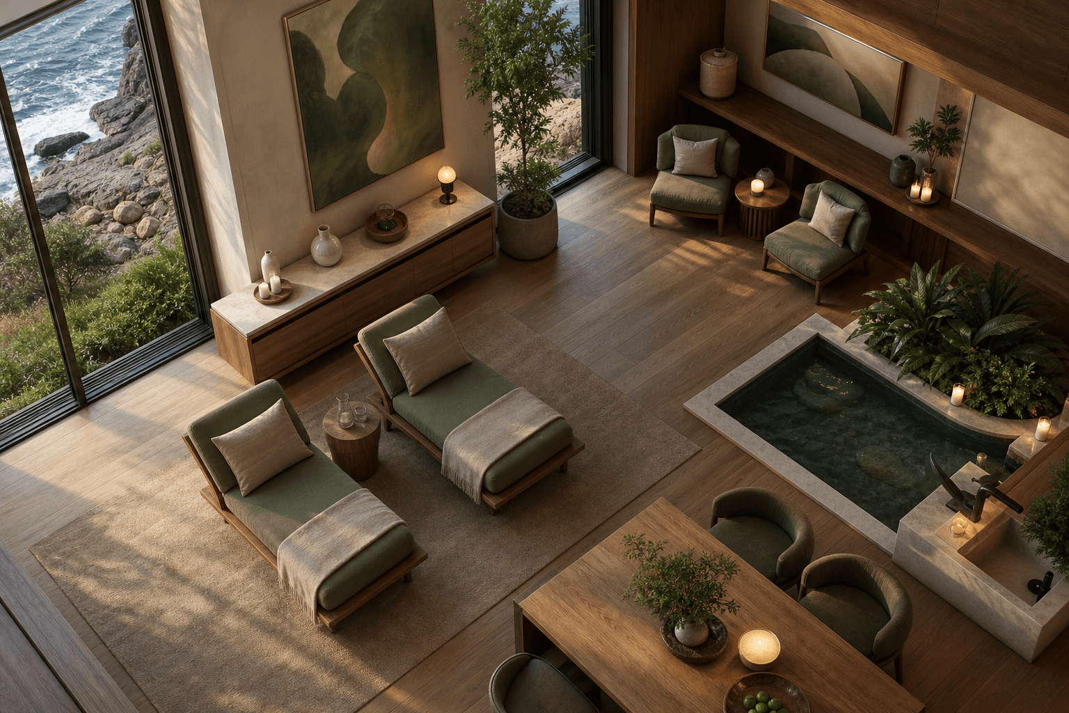 Refined detox space with soft light and warm wood furnishings in a luxury estate.