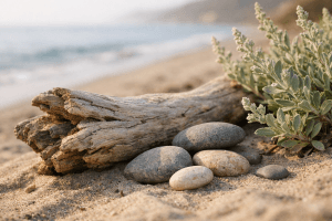 Weathered driftwood and smooth beach stones on a sandy Malibu beach at morning.