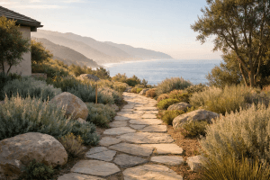 A stone path through native landscaping with ocean and mountain views at a Malibu estate.