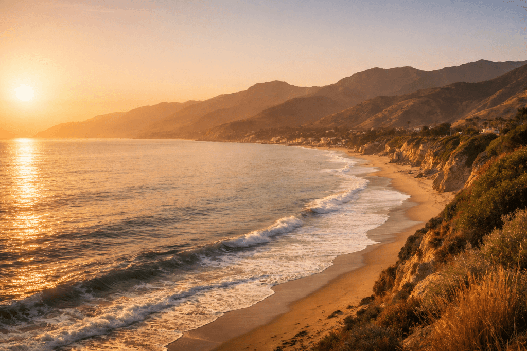 Malibu coastline at golden hour with ocean and mountains.
