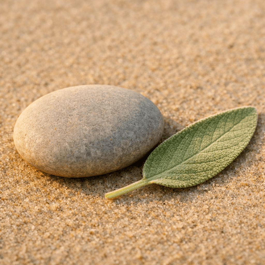 Pebble and sage leaf on sand in warm morning light.