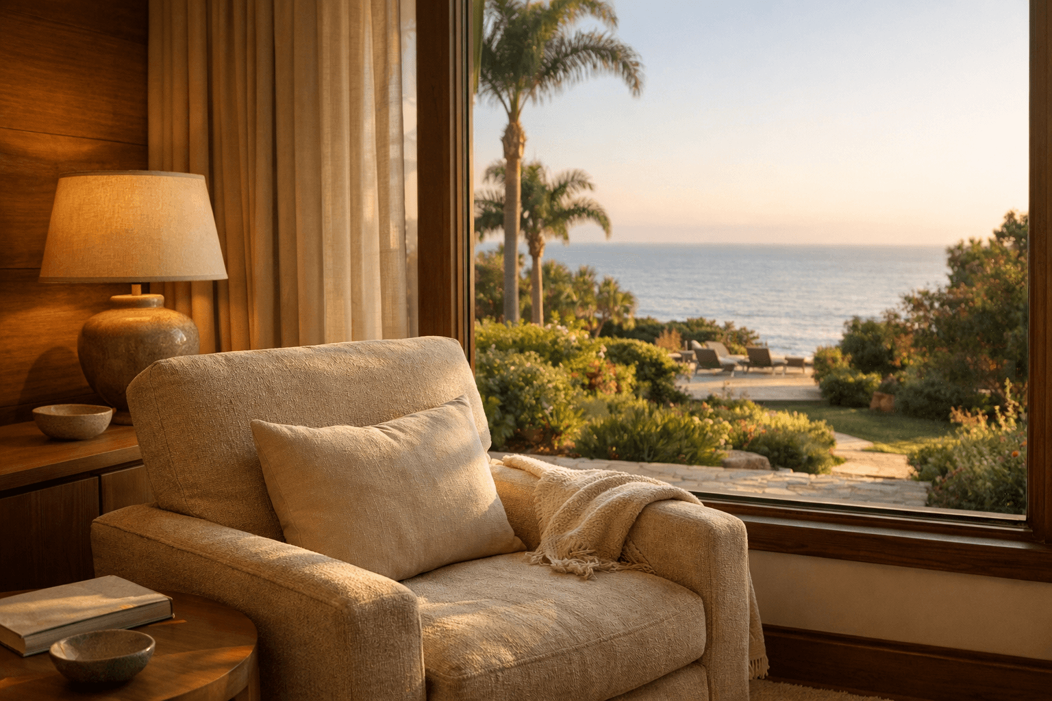Lounge chair by window with ocean view in Malibu estate.