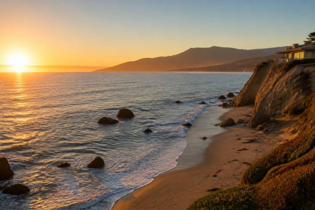 Serene Malibu coastline at golden hour with gentle waves and warm sunset glow.