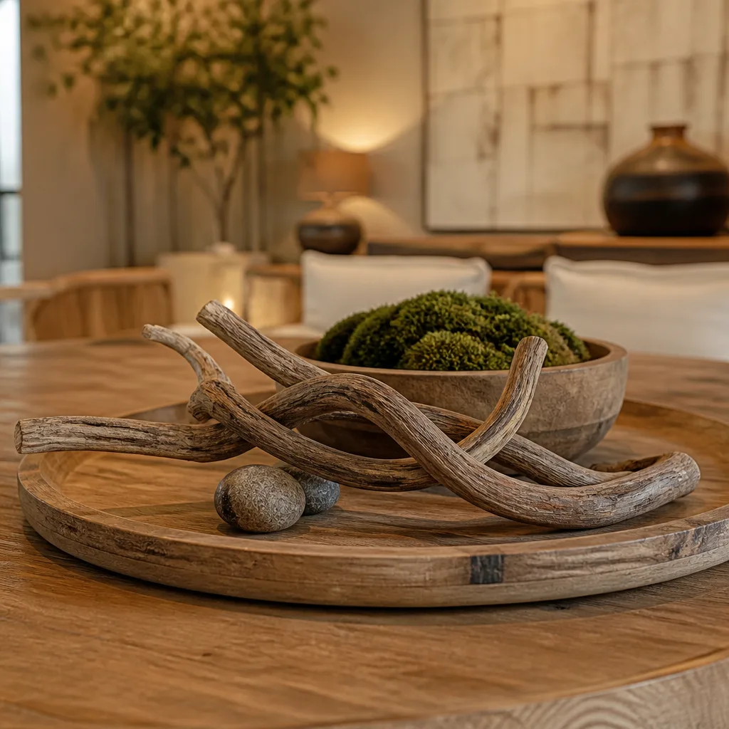 Close-up of a table with intertwined branches in warm interior space.