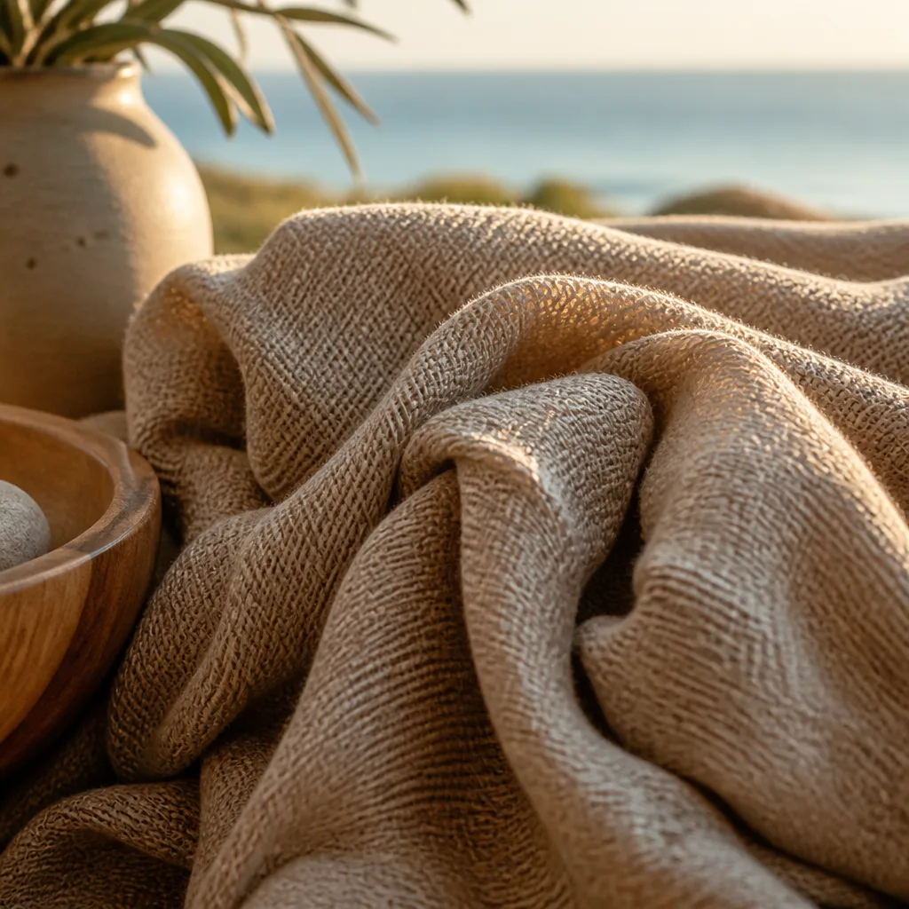 Close-up of a textured woven fabric in warm light.