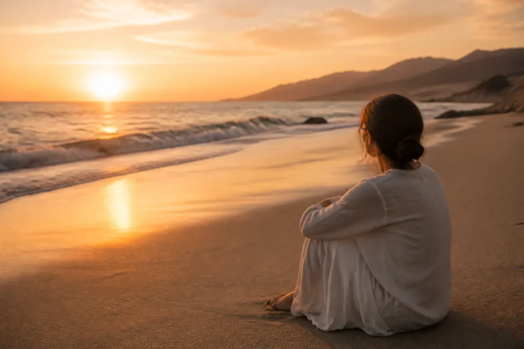 Serene Malibu beach at sunset with soft waves and distant mountains.