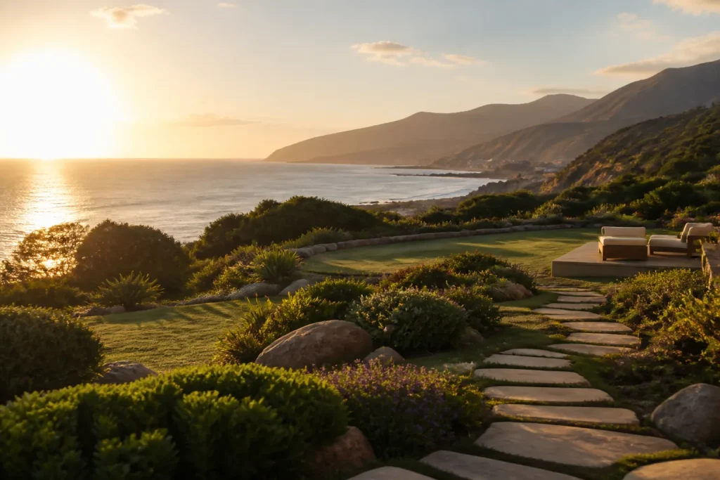 Serene landscape view from Malibu estate overlooking ocean and mountains.