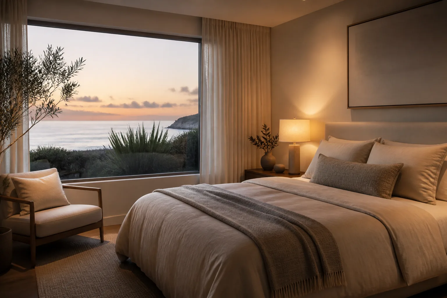 Cozy, refined bedroom interior with warm light and ocean view.
