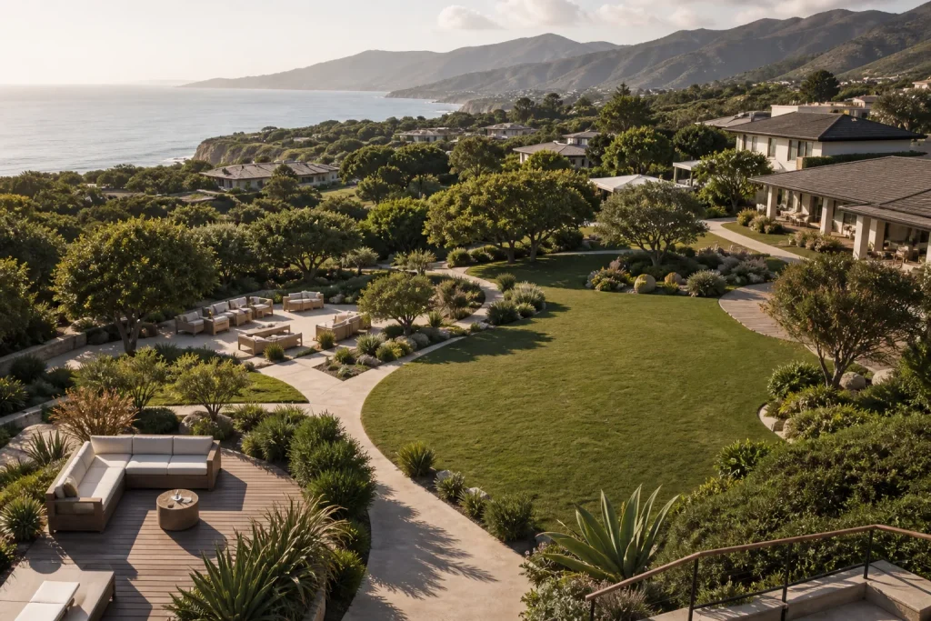 Isometric view of Malibu estate's manicured grounds with ocean backdrop.