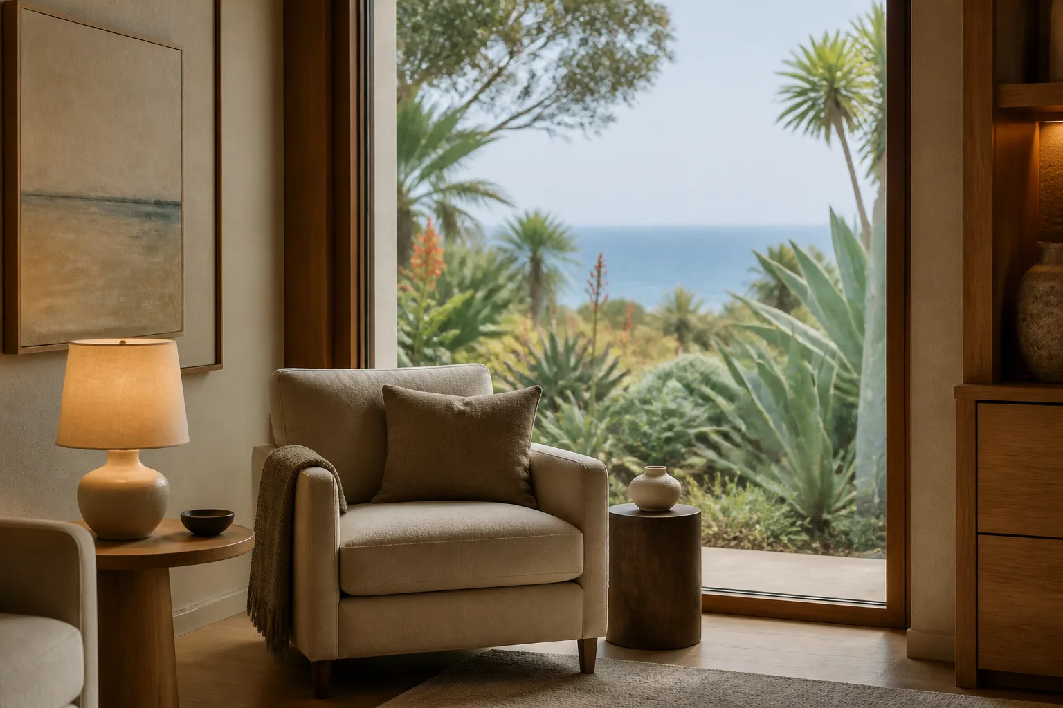 Interior armchair by large window with garden view in warm light.
