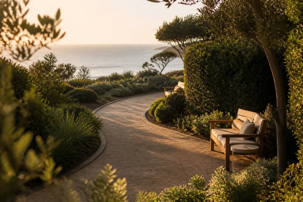 Golden hour view of a private garden path leading to the ocean, bordered by hedges and benches.