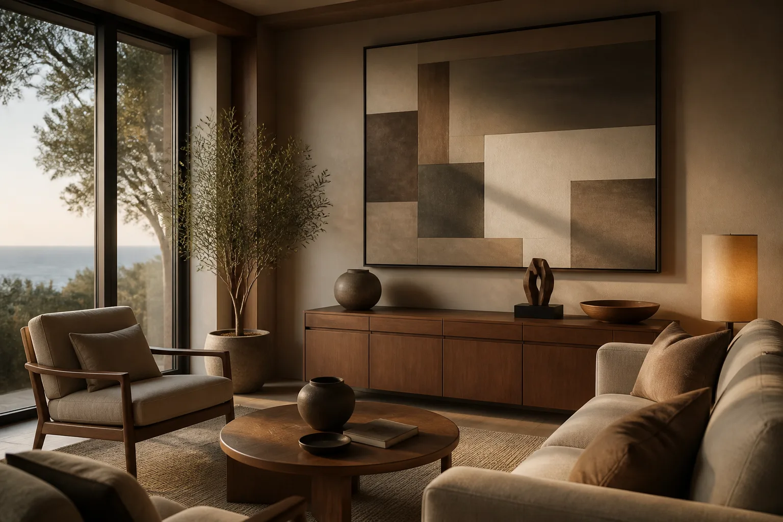 Interior therapy space with abstract geometric artwork, warm wood furnishings, and soft lighting.
