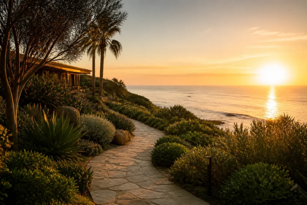 Serene ocean view from a cliffside path at sunset with lush greenery.