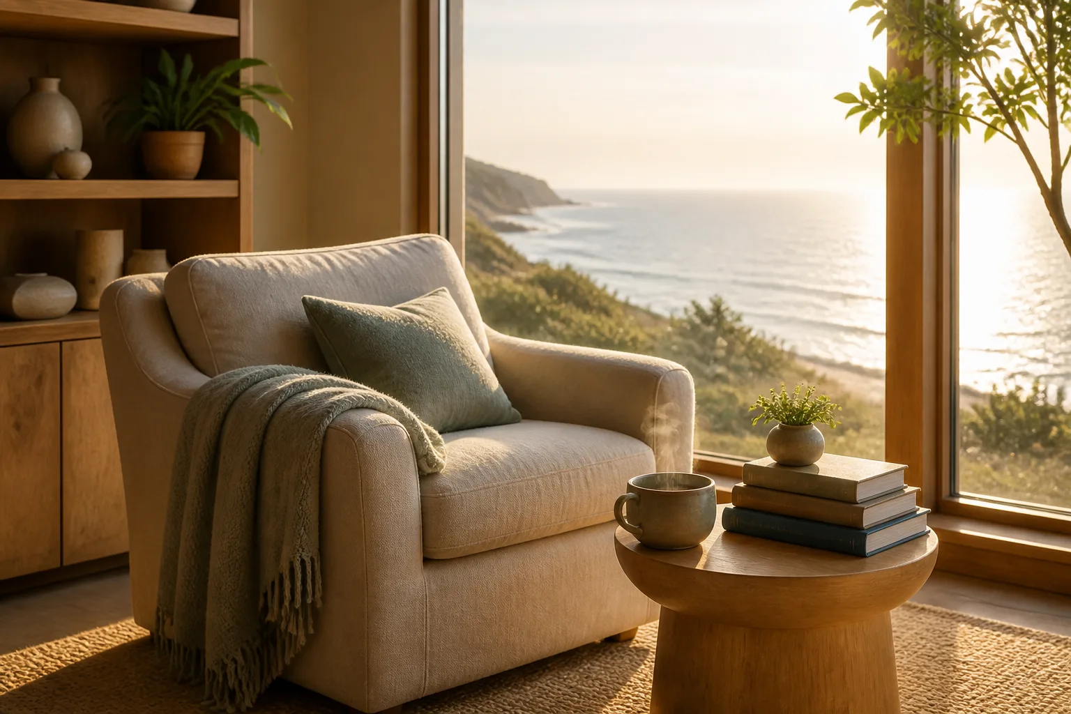 Cozy reading nook with armchair, table, and ocean view window.