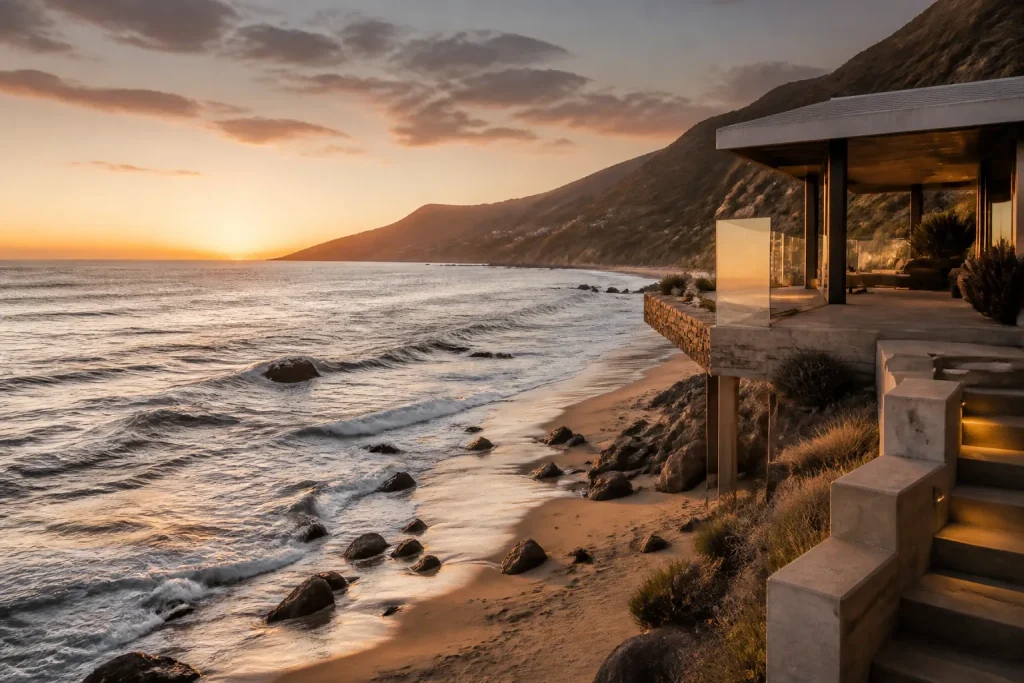 Serene ocean landscape at dawn with waves and mountains.