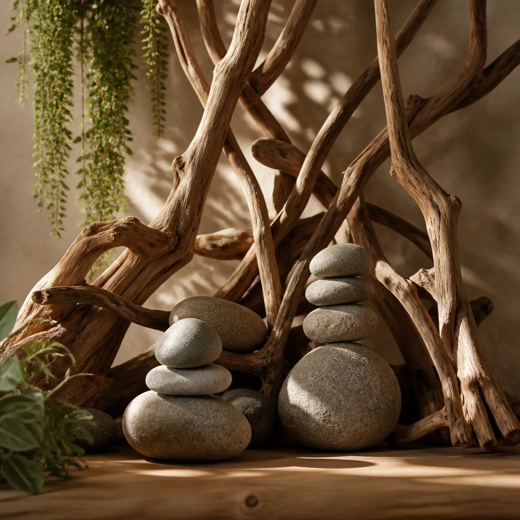 Abstract composition of wooden branches and stones.