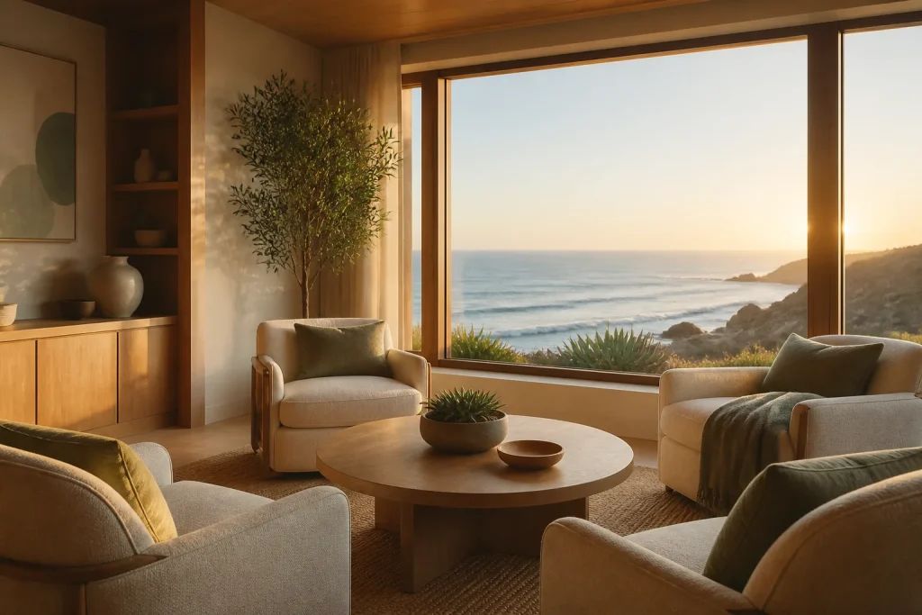 Cozy family room with ocean view and warm light.