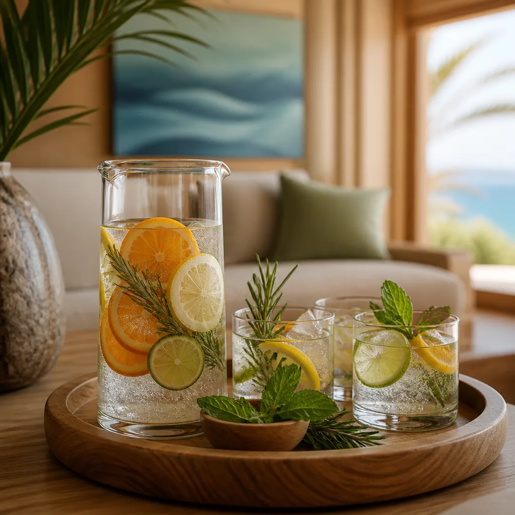 Close-up of elegant non-alcoholic drink on a tray.