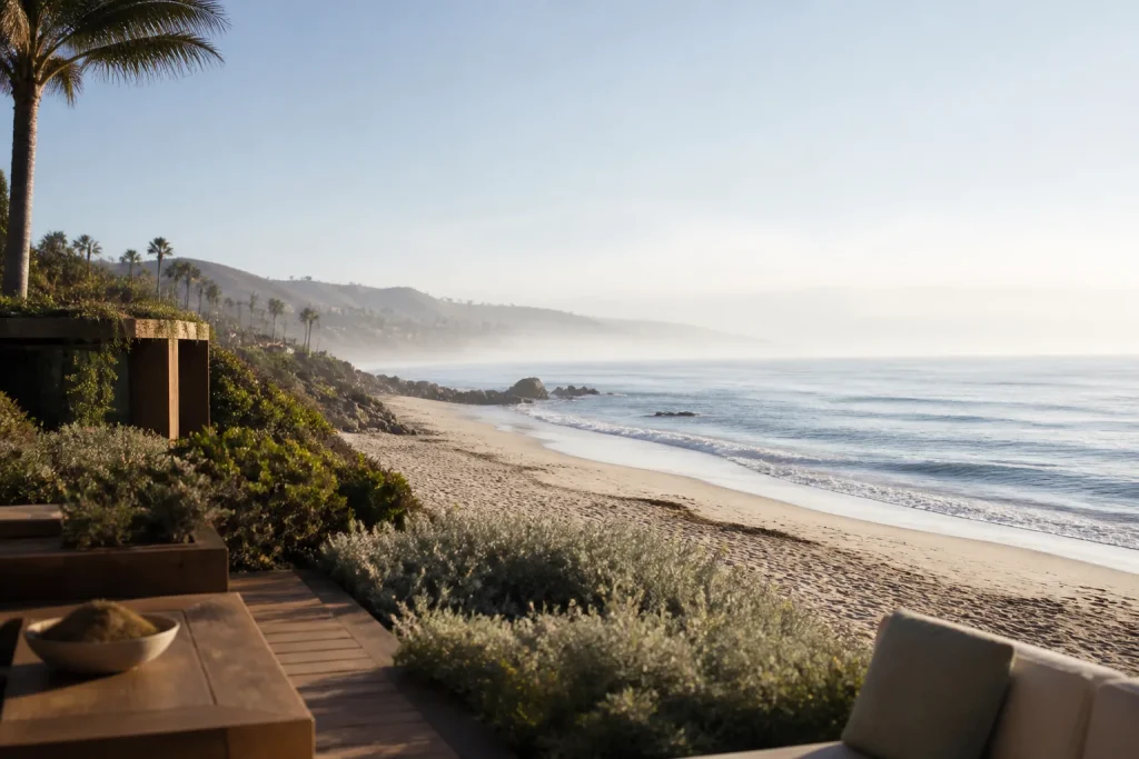 Calm morning view of a private beach with gentle waves and misty horizon.