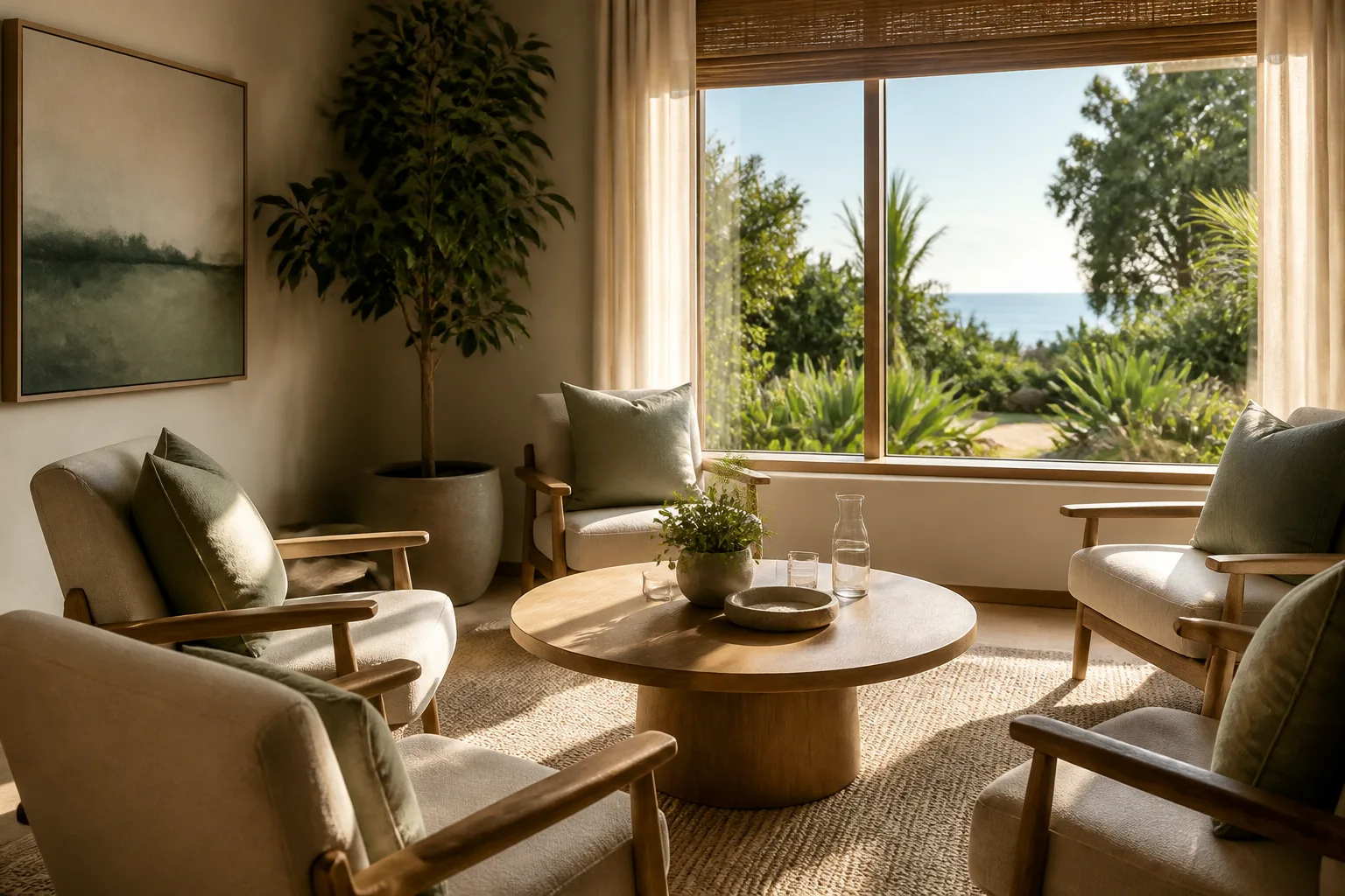 Warm, inviting therapy room with elegant chairs and a view of gardens.