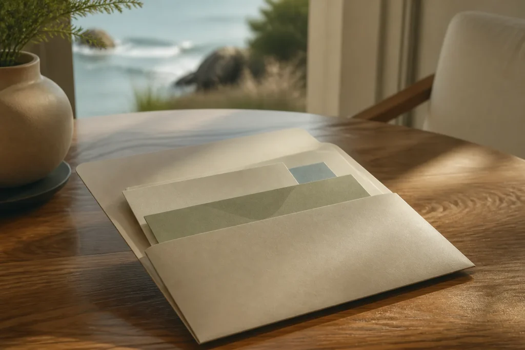 Folder on wooden table with documents peeking out in warm light.