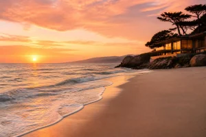 Serene private beach at golden hour with waves and warm sunset glow.