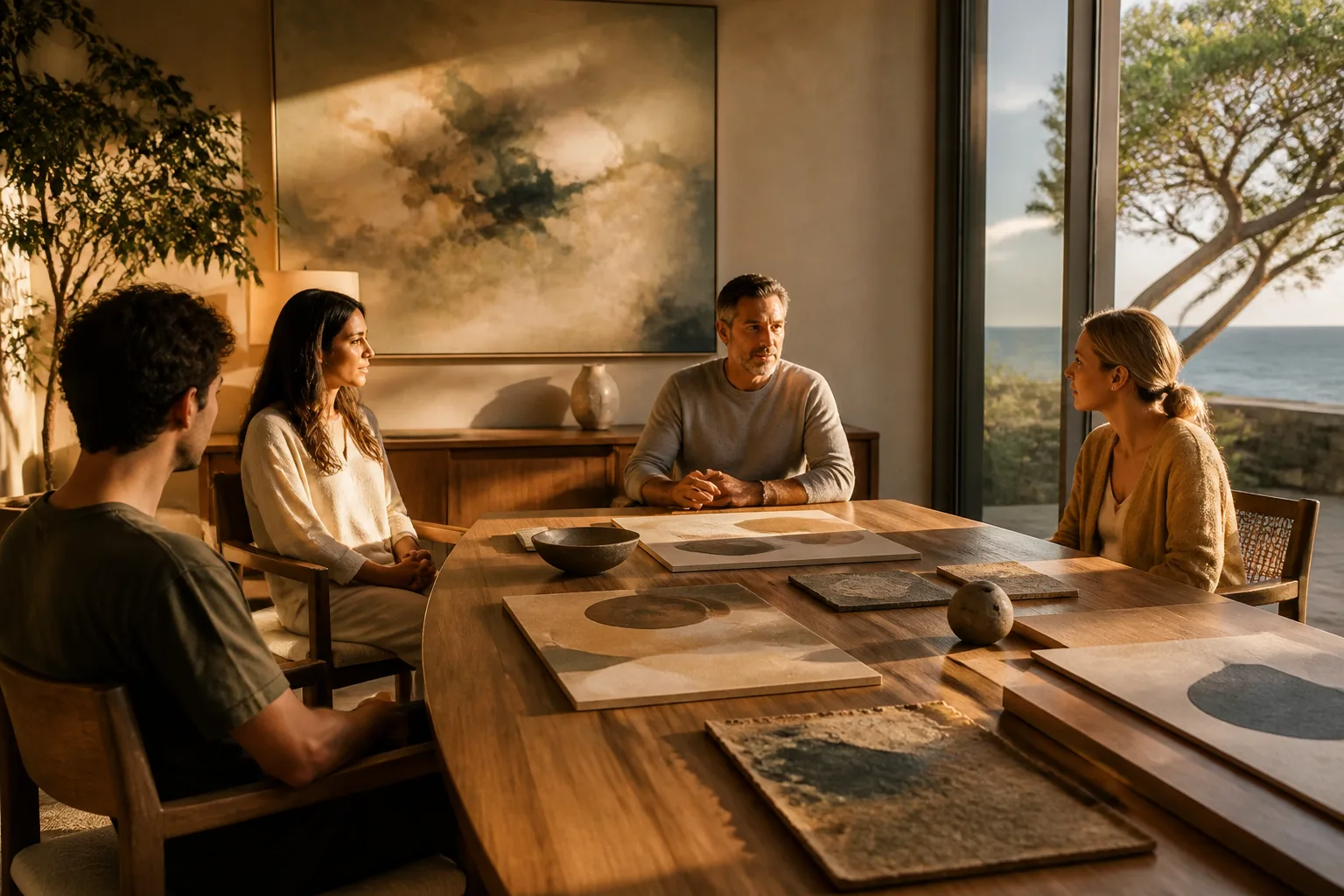 Therapy room with wooden table and abstract art in warm light.