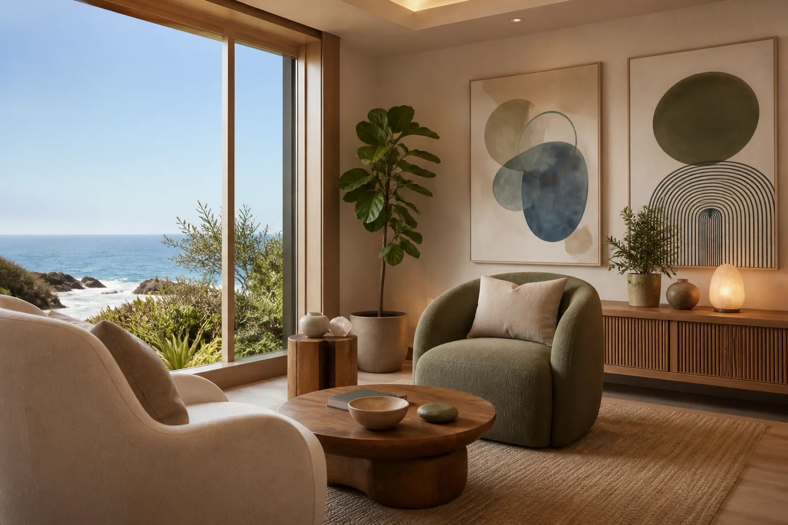 Tranquil interior therapy room with abstract artwork and soft lighting.