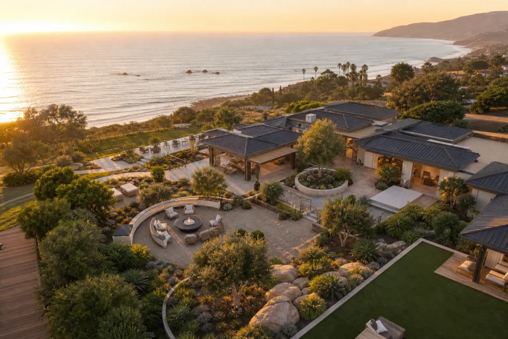 Isometric view of Malibu estate with ocean backdrop and gardens at golden hour.